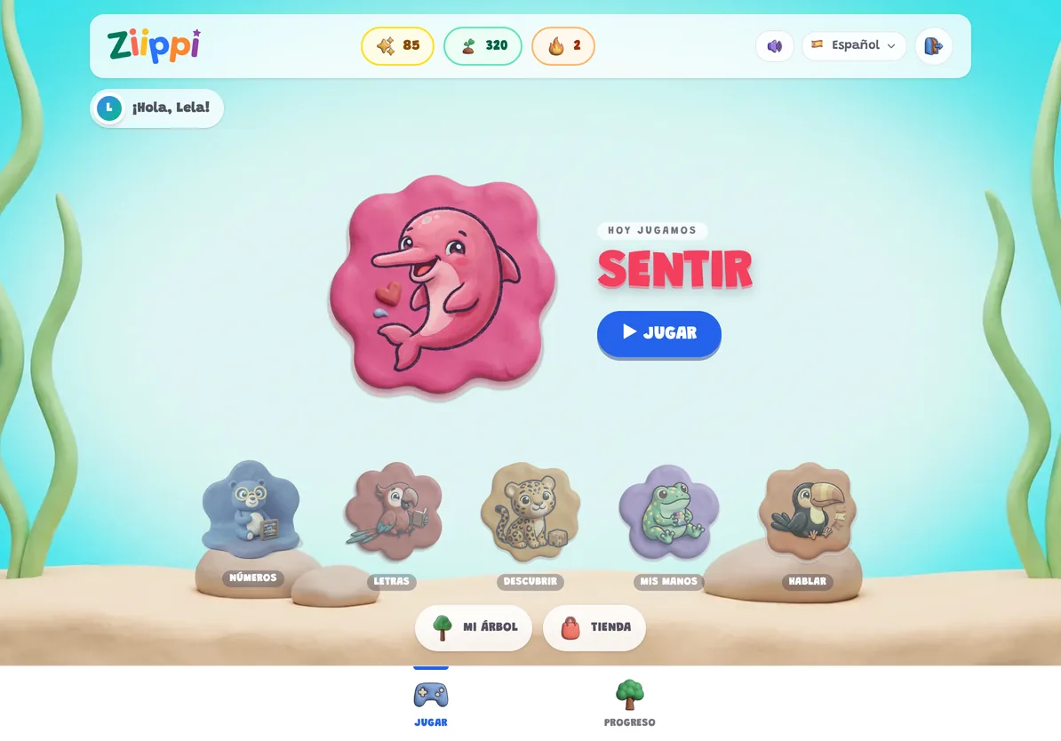 The Ziippi play screen on a tablet: the day’s character in the middle and, along the bottom, the Numbers, Letters, Discover, My hands and Speak islands.