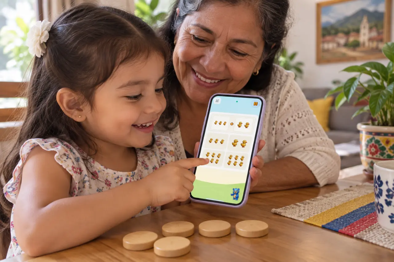 Niña y abuela observan tres patos y otros dos en Ziippi, con cinco fichas de madera sobre la mesa