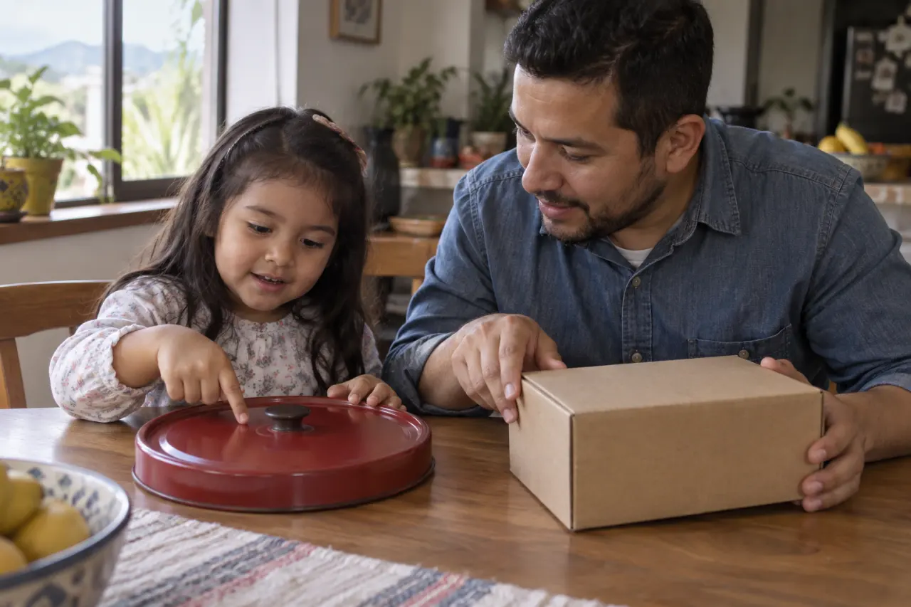 Niña y padre comparan una tapa redonda con una caja rectangular en casa