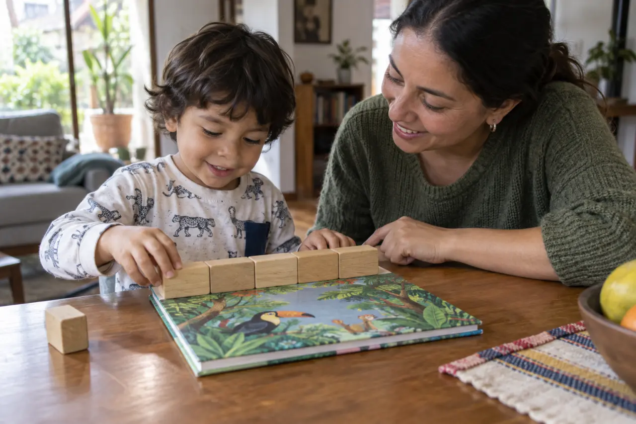 Niño y madre miden el largo de un libro con bloques de madera en casa