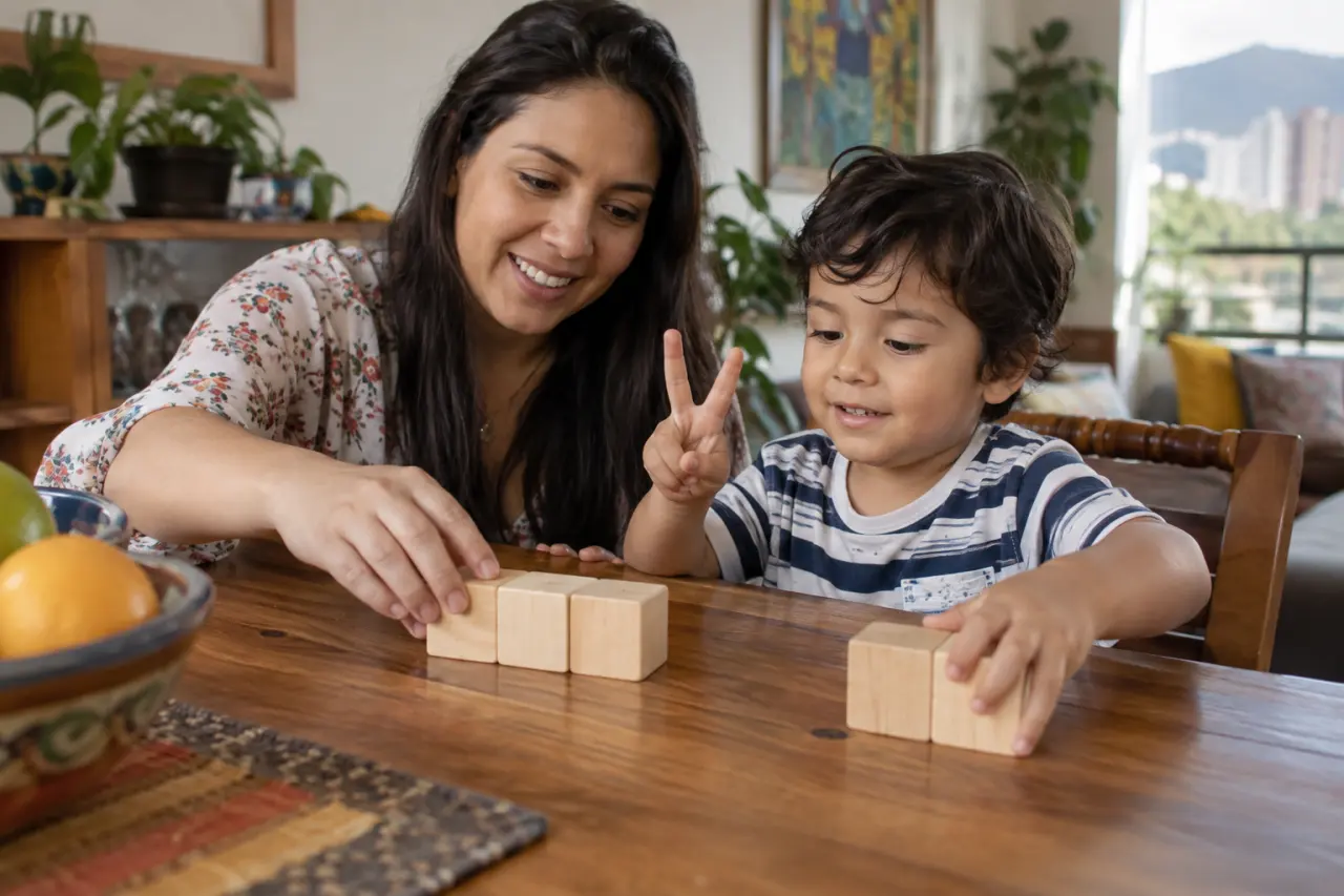 Madre e hijo reúnen dos grupos de bloques de madera sobre una mesa