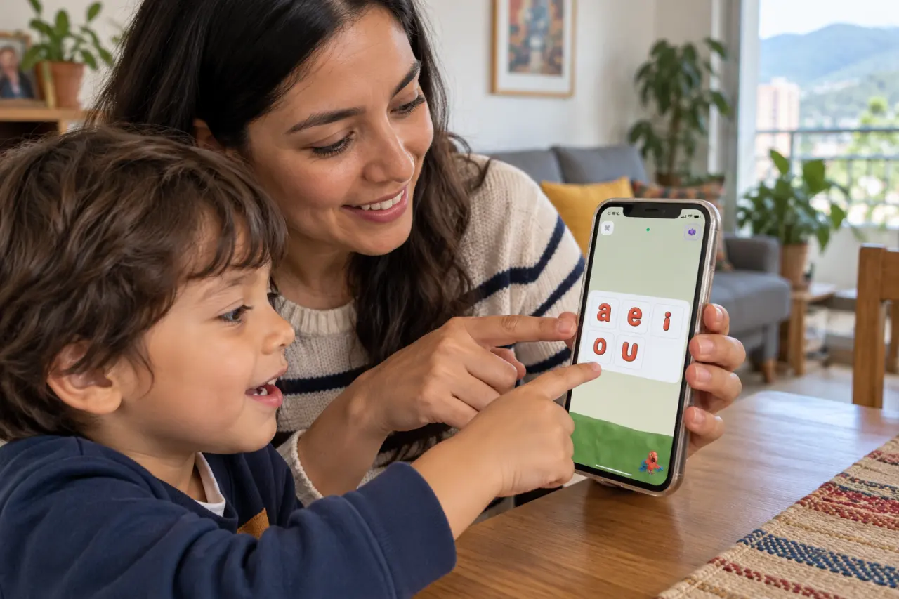 Madre e hijo observan las vocales en una actividad de Ziippi desde un teléfono