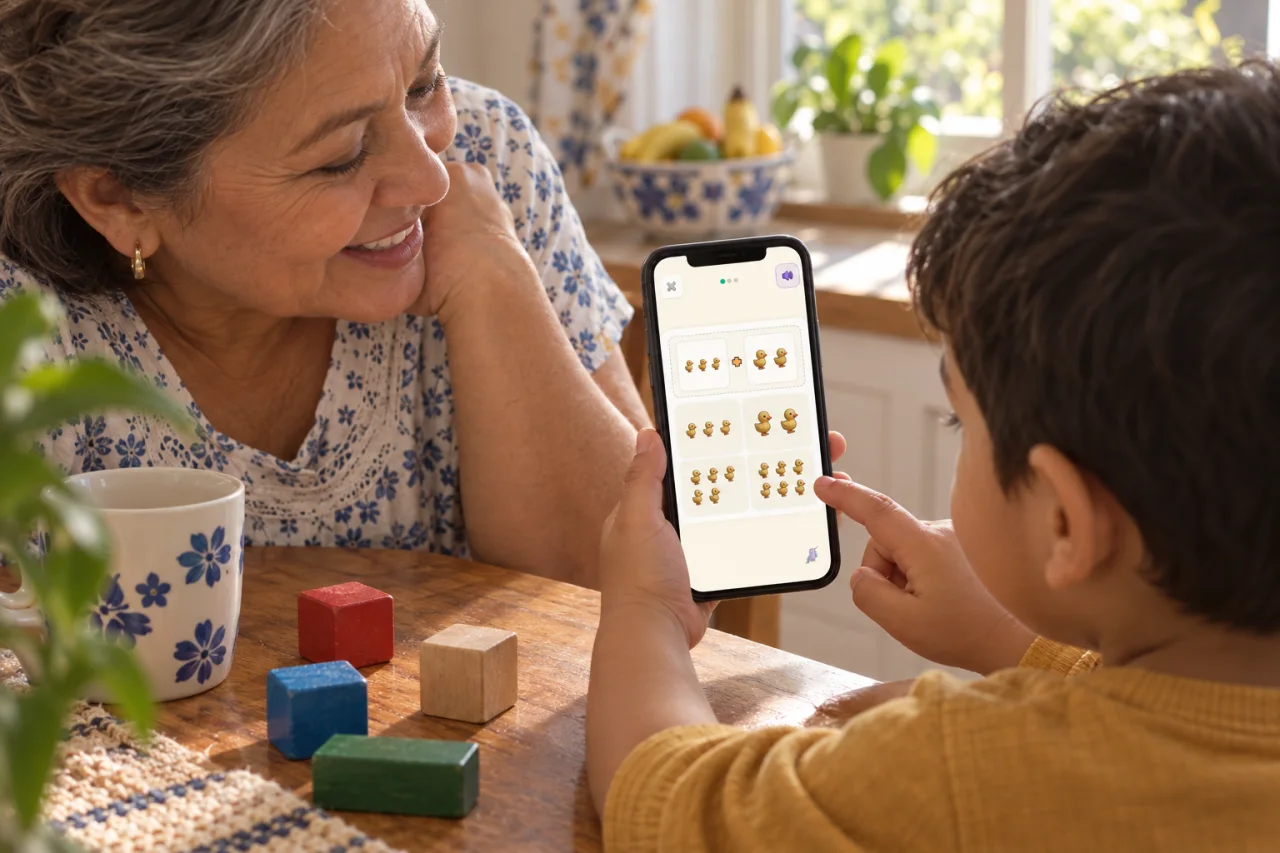 Niño y abuela observan tres patos más dos en una práctica de Ziippi