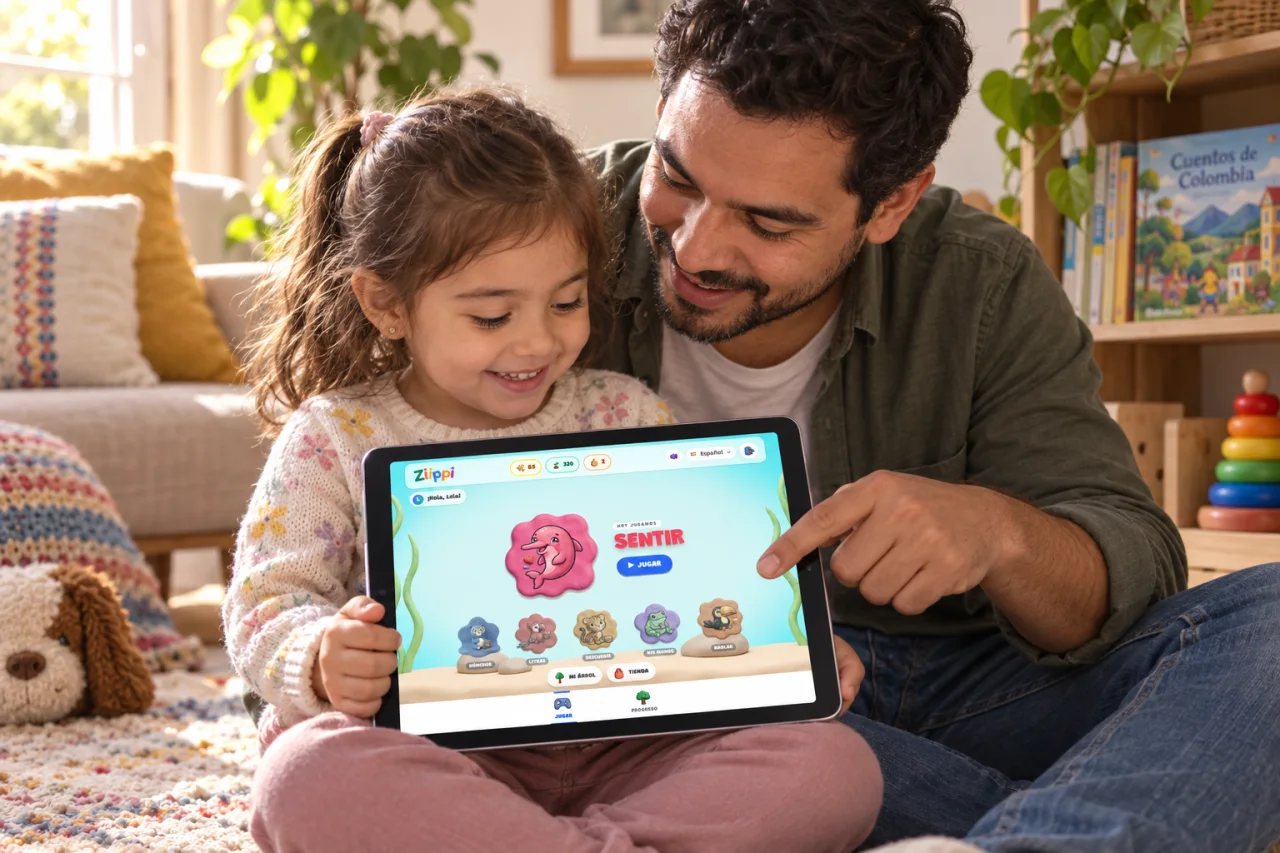 Niña y papá observan las áreas de juego de Ziippi antes de escoger una práctica