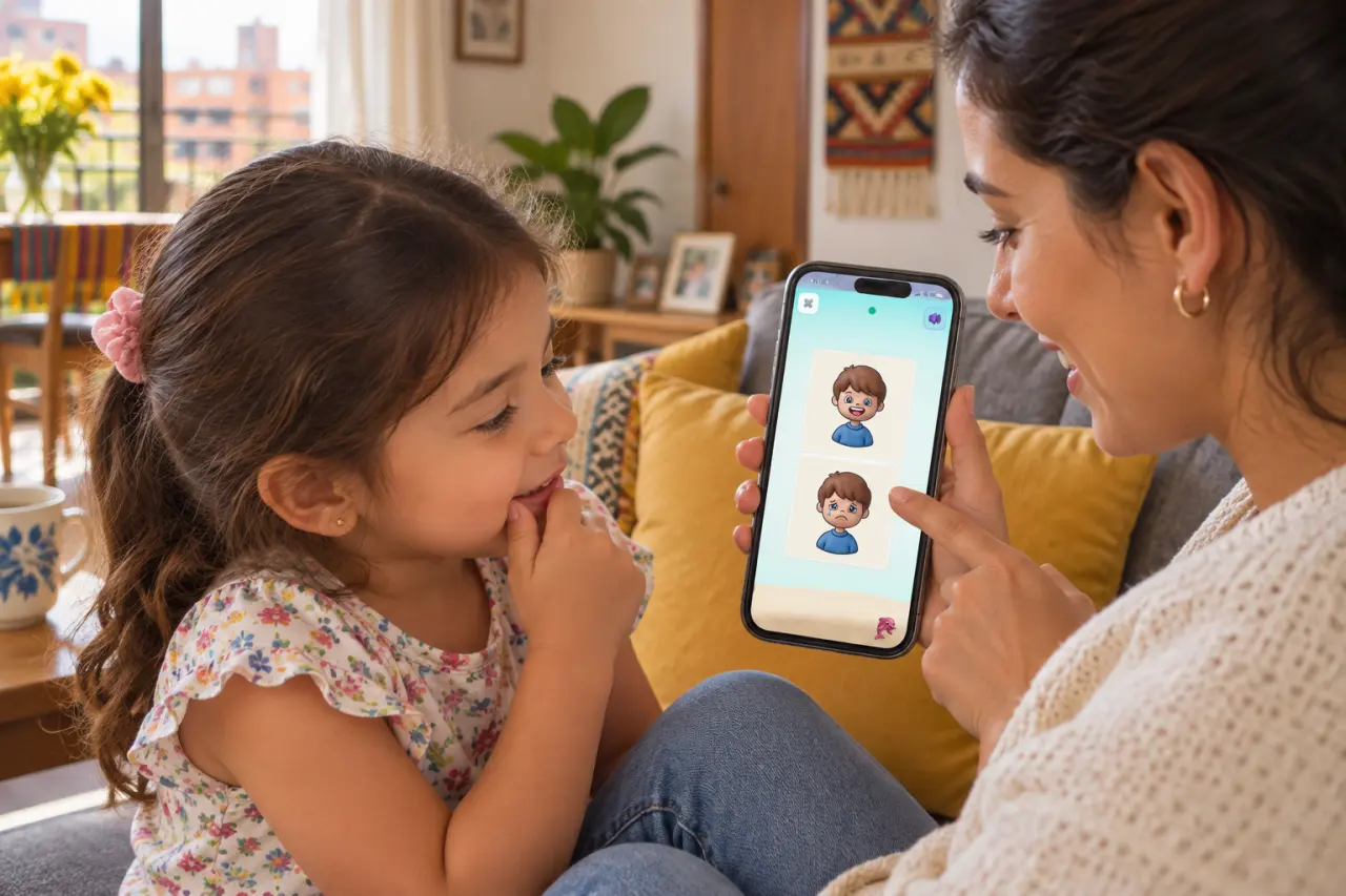Madre e hija conversan mientras miran dos expresiones de ánimo en la pantalla de Ziippi