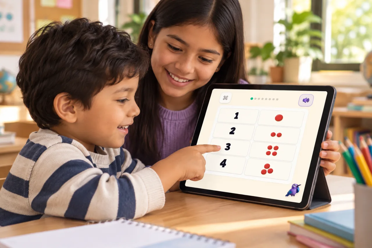 Niño relaciona números del 1 al 4 con colecciones de puntos en Ziippi