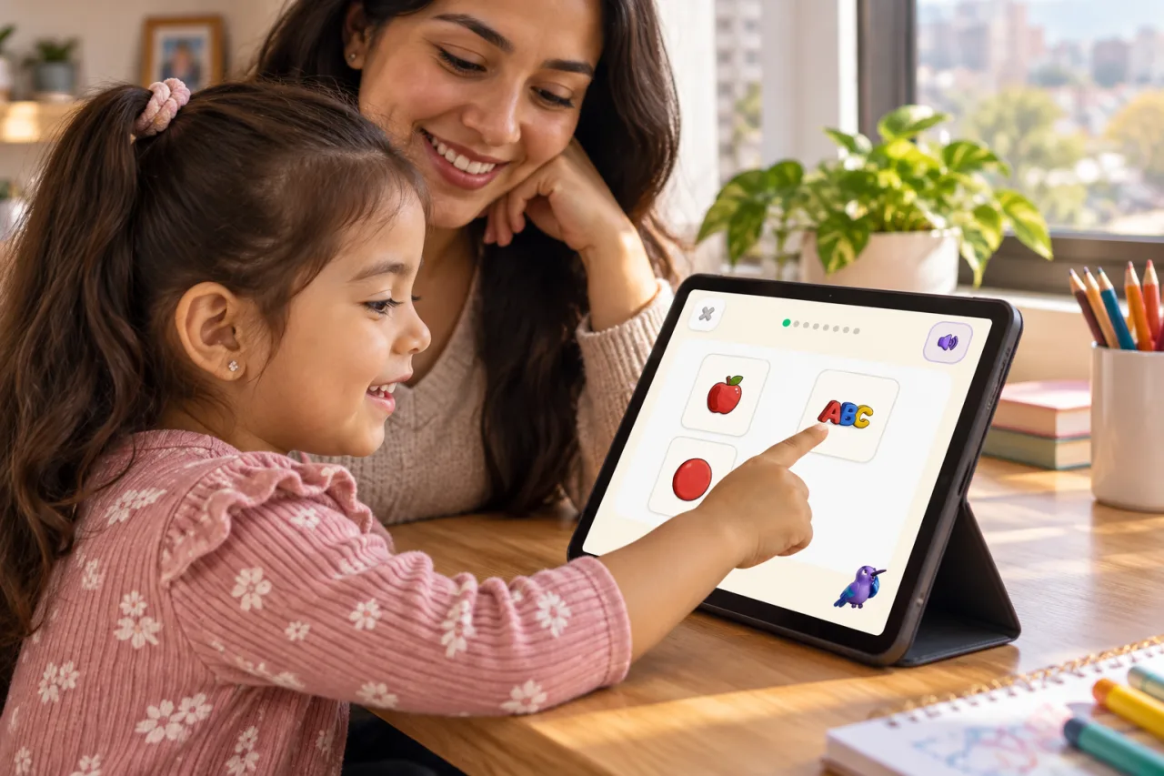 Niña toca las letras ABC entre tres opciones de Ziippi acompañada por su mamá