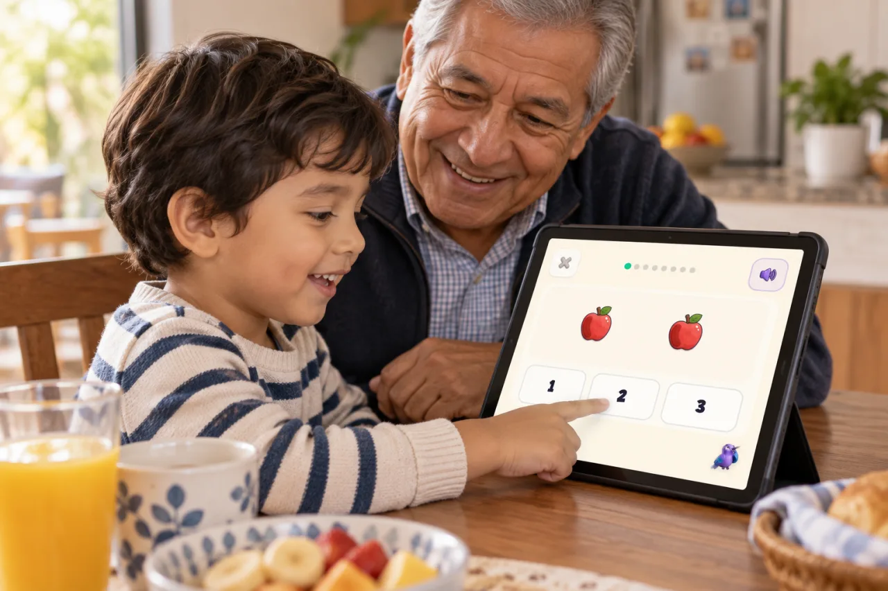 Niño cuenta dos manzanas y toca el número 2 en Ziippi con su abuelo
