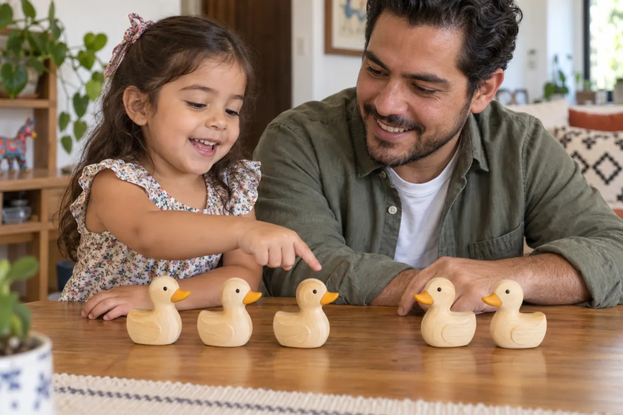 Padre e hija cuentan cinco patos de juguete en la mesa de su casa