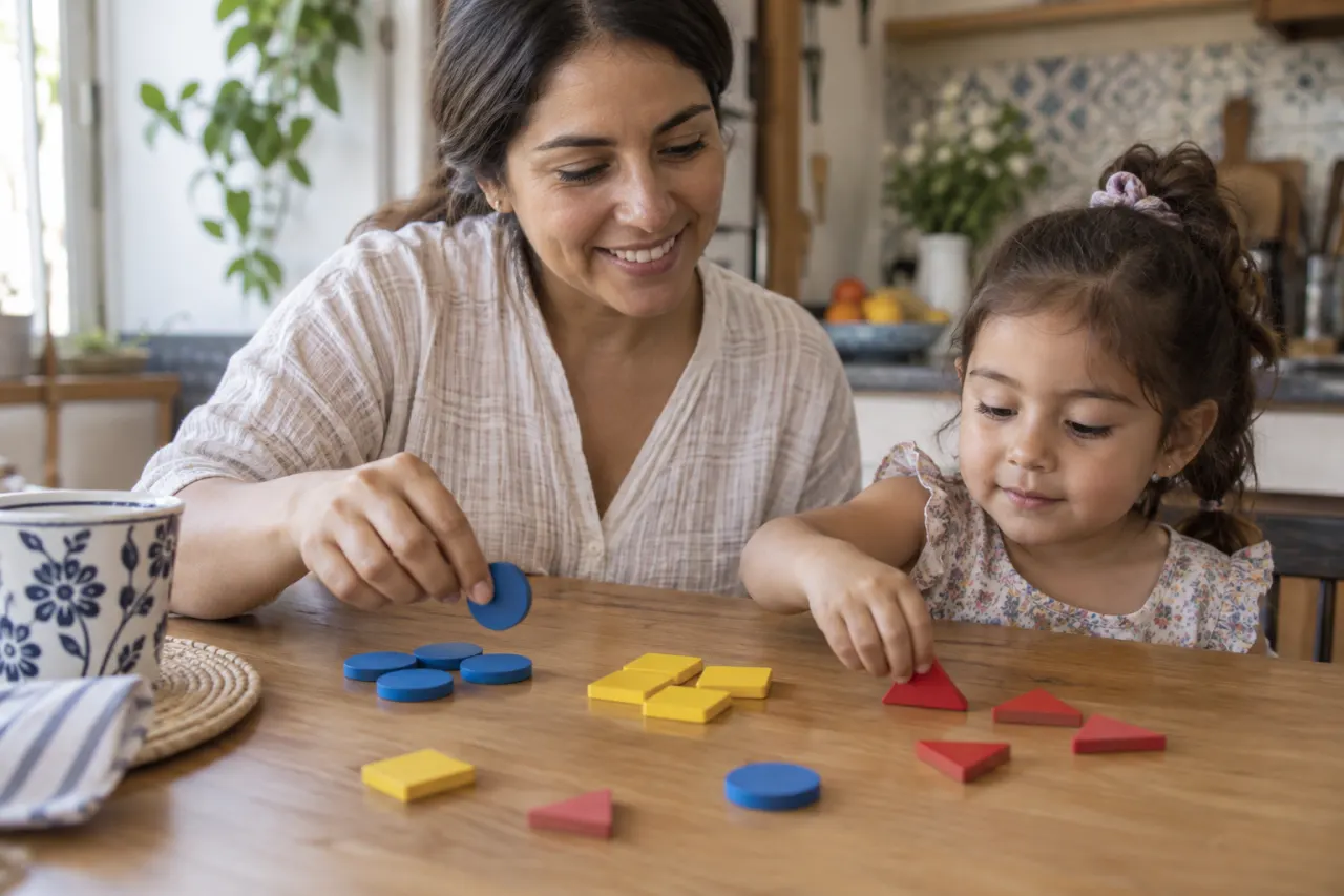 Madre e hija agrupan figuras de madera por color y forma durante un juego en casa