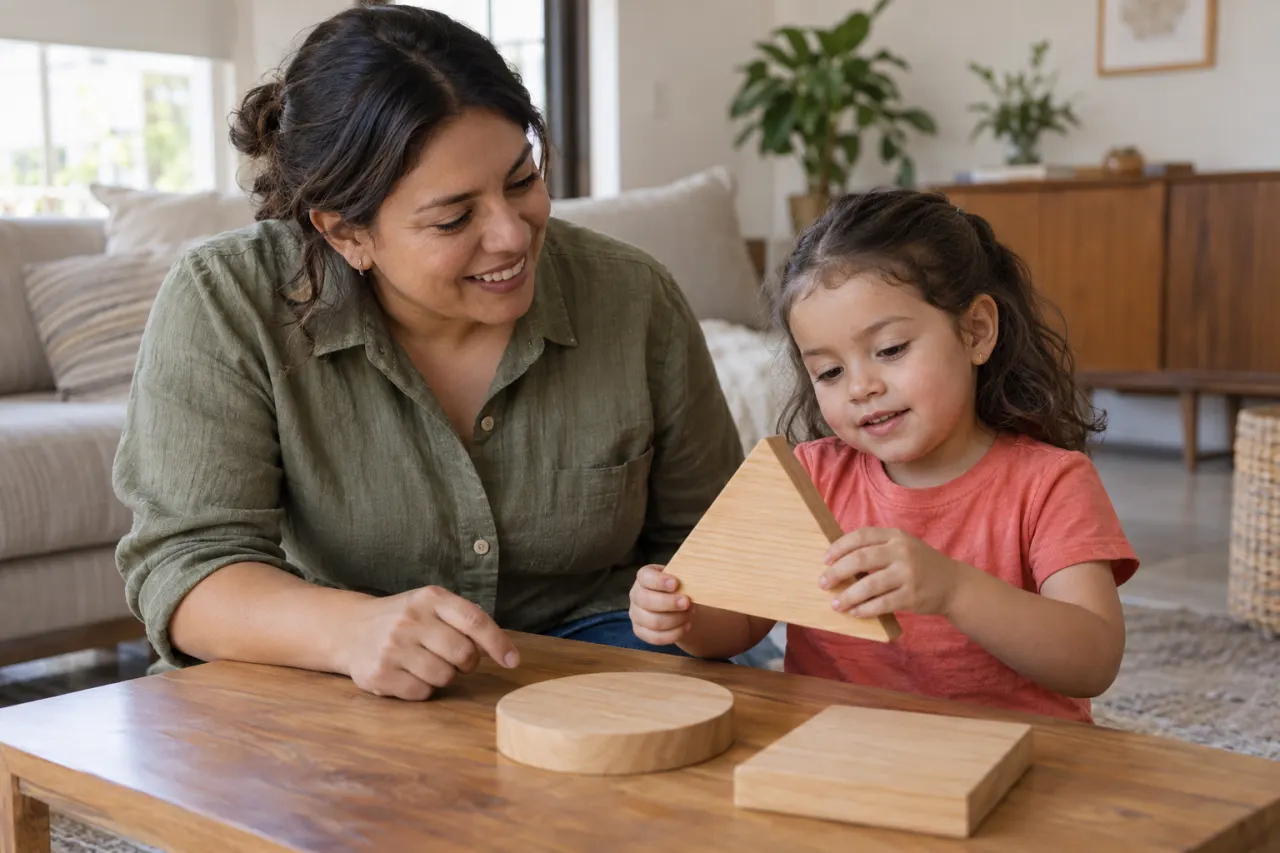 Mujer y niña observan un triángulo de madera junto a un círculo y un cuadrado en casa