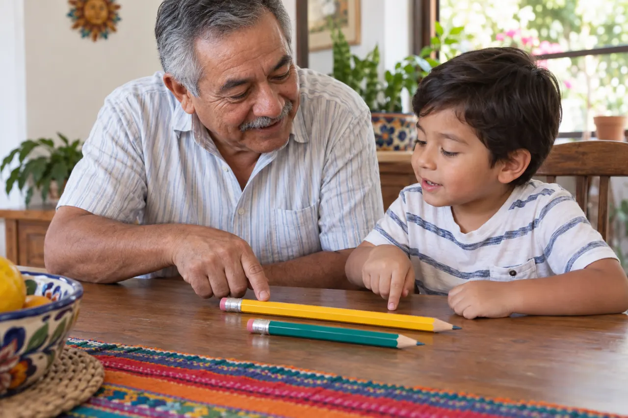 Abuelo y nieto comparan la longitud de dos lápices grandes sobre una mesa