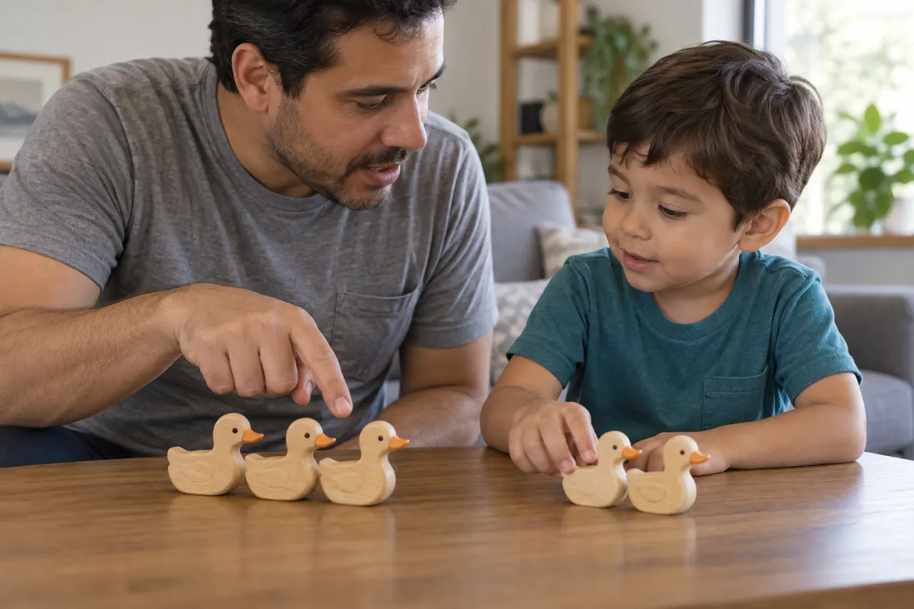 Padre e hijo reúnen tres patos de juguete y dos más durante un juego en casa