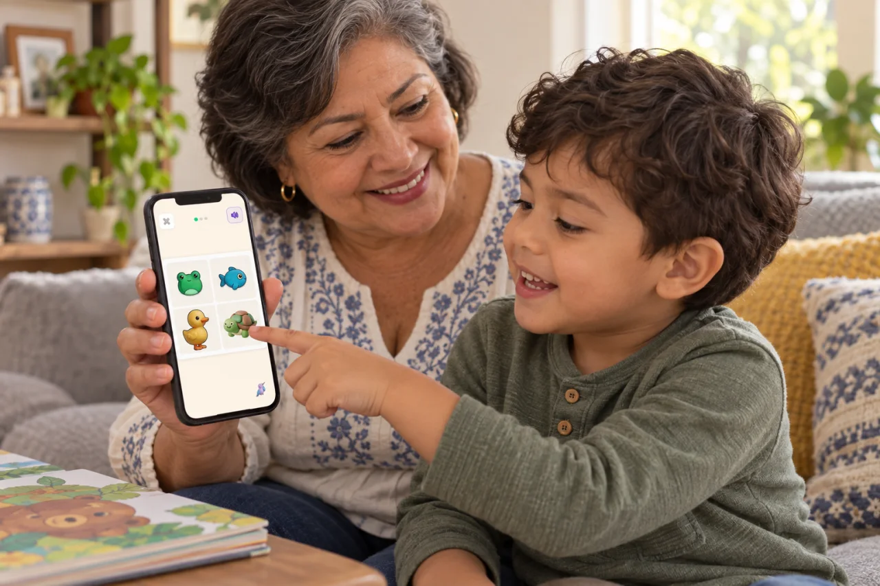 Abuela y nieto miran en el teléfono imágenes de rana, pez, pato y tortuga
