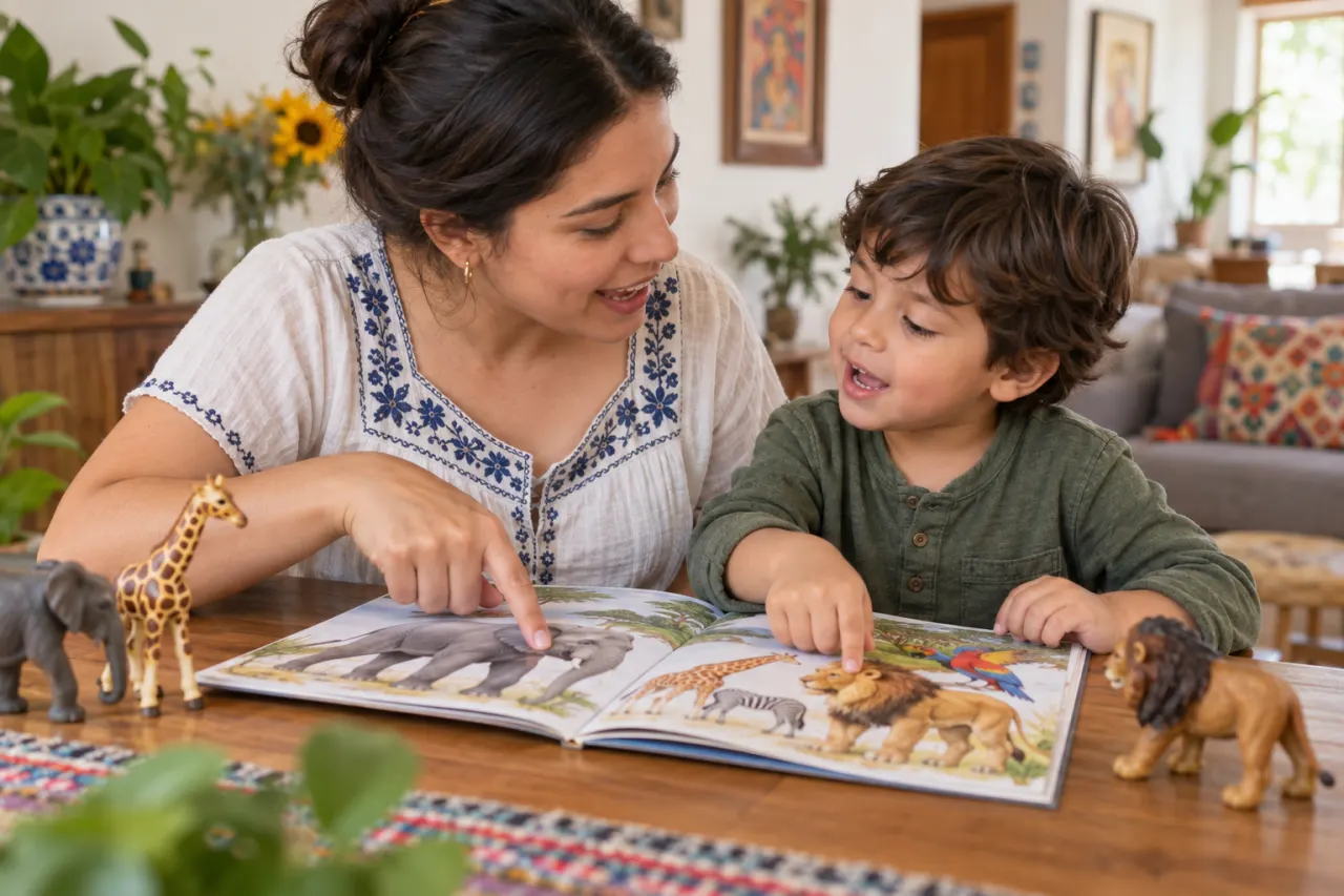 Madre e hijo conversan sobre animales de un libro ilustrado en casa