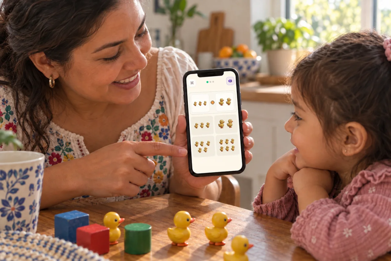 Madre e hija observan en un teléfono tres patos más dos y opciones para elegir el total