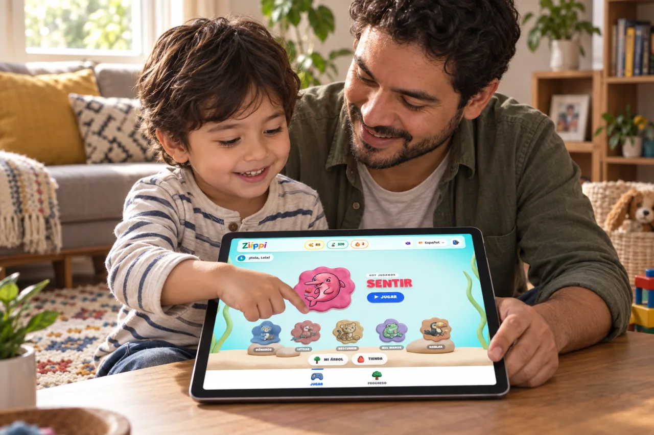Padre e hijo observan las áreas de Ziippi en una tableta antes de escoger