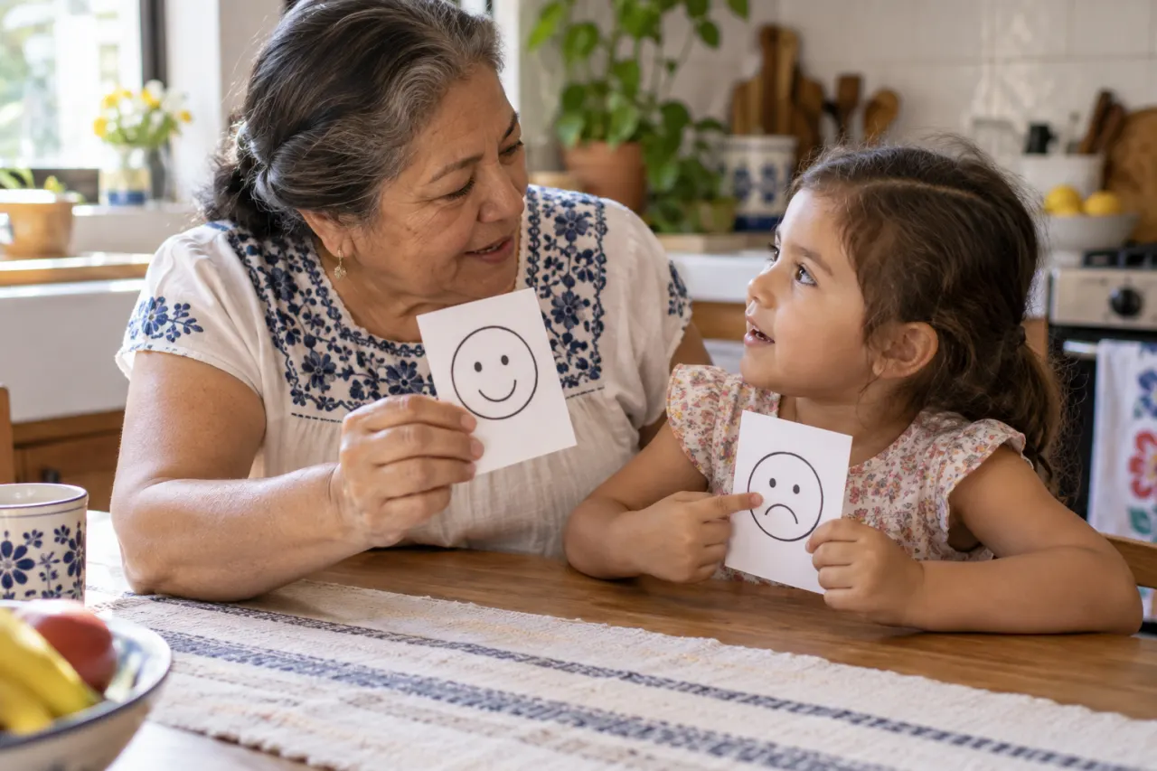 Abuela y nieta conversan sobre tarjetas caseras con caras alegre y triste