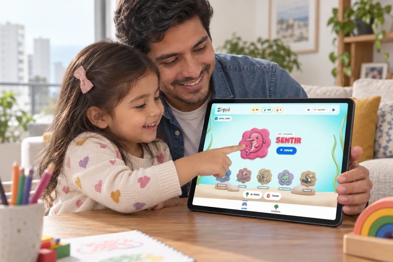 Niña toca el selector de áreas de Ziippi en una tableta acompañada por su papá