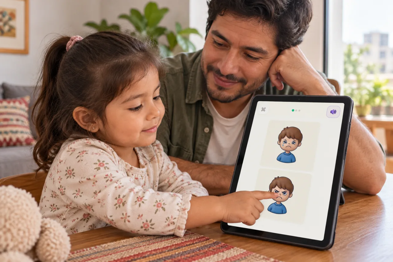 Niña compara expresiones en Ziippi mientras su papá la acompaña
