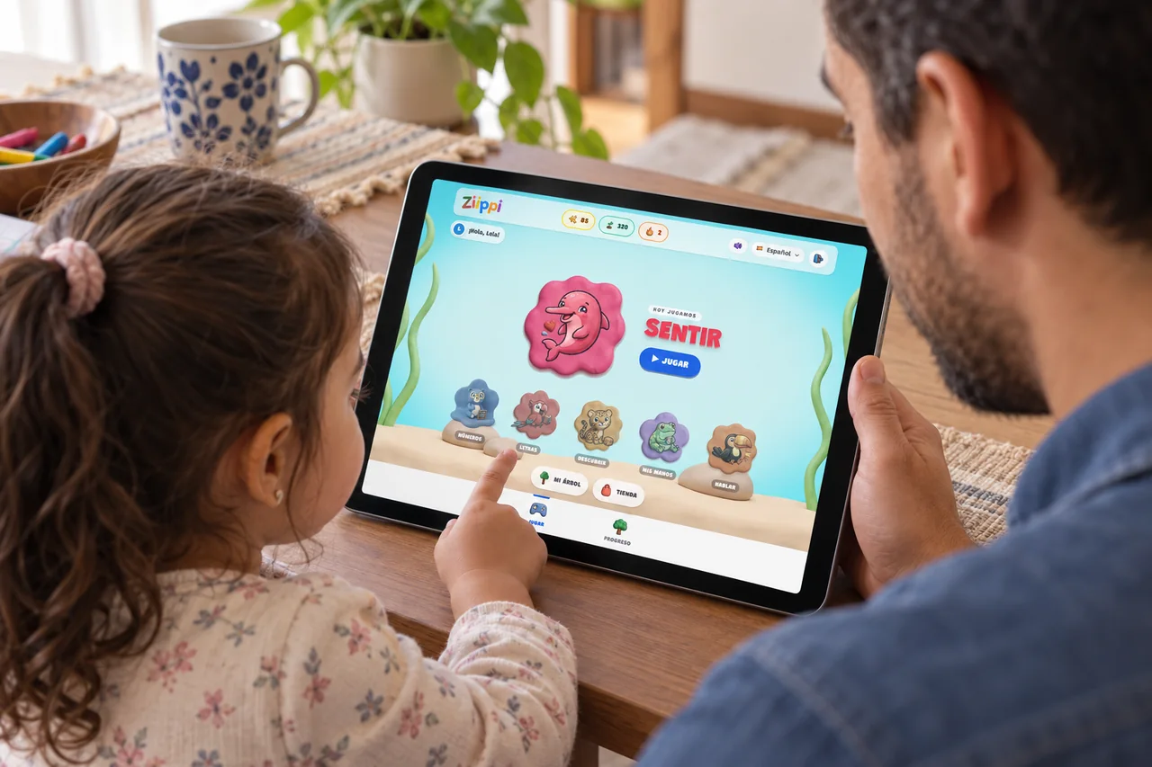Adulto y niña revisan las seis áreas de Ziippi en una tablet antes de elegir Sentir