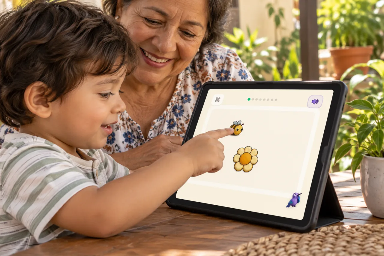 Niño arrastra una abeja hacia una flor en Ziippi junto a su abuela